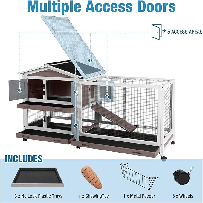 Rabbit Hutch Indoor, 62’’ Bunny Hutch Outdoor, Mobile Rabbit House with Wheels, Wooden Bunny Cage with Leakproof Tray, Chew-Proof Ramp for Guinea Pig(Brown)