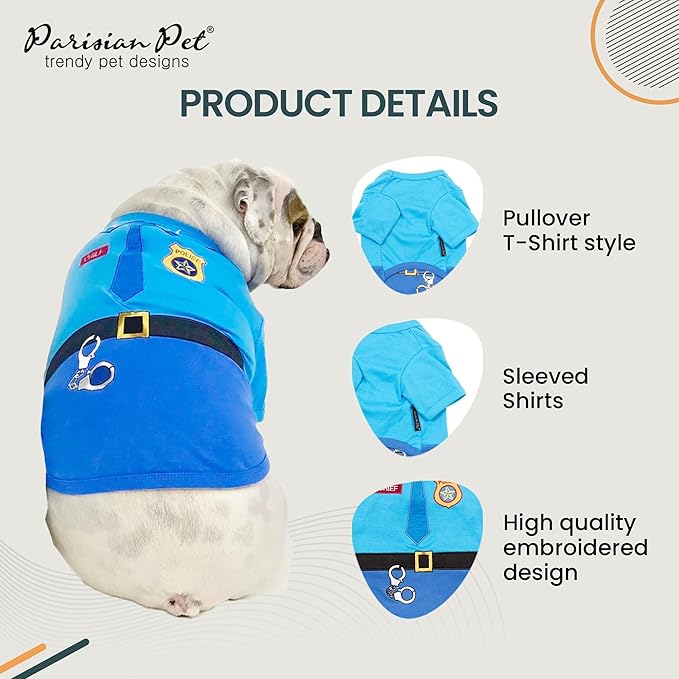 Parisian Pet Police Dog Costume - 100% Cotton Blue Dog Clothes for Large Dogs - Lightweight Puppy Outfits - Funny French Bulldog Clothes - Cute Cop Uniform Pet Shirt - Stretchy T Shirt for Dogs