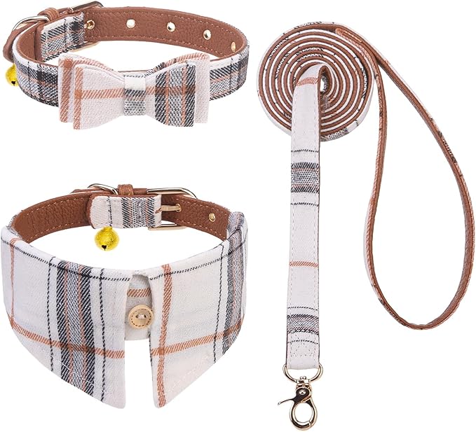 EXPAWLORER Dog Collar and Leash Set - Classic Plaid Medium Dog Collar with Bow Tie, Cute Collar and Leash Set, Adjustable Dog Collar for Medium Dogs Holiday Birthday Gifts, Beige Medium