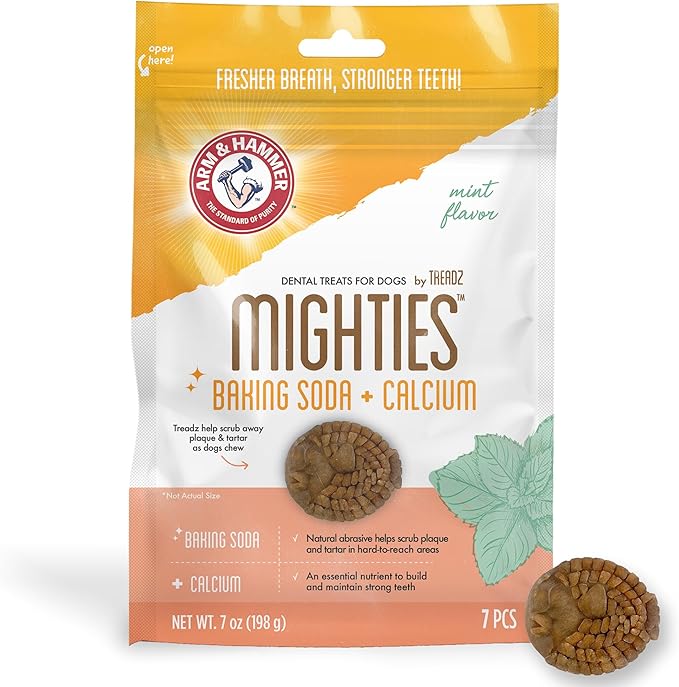 Arm & Hammer for Pets Mighties by TREADZ Dental Treats for Dogs with Baking Soda & Calcium, Help Fight Bad Breath, Plaque & Tartar, Mint, Tough Puffer Shaped, 7 Pcs (Packaging May Vary)