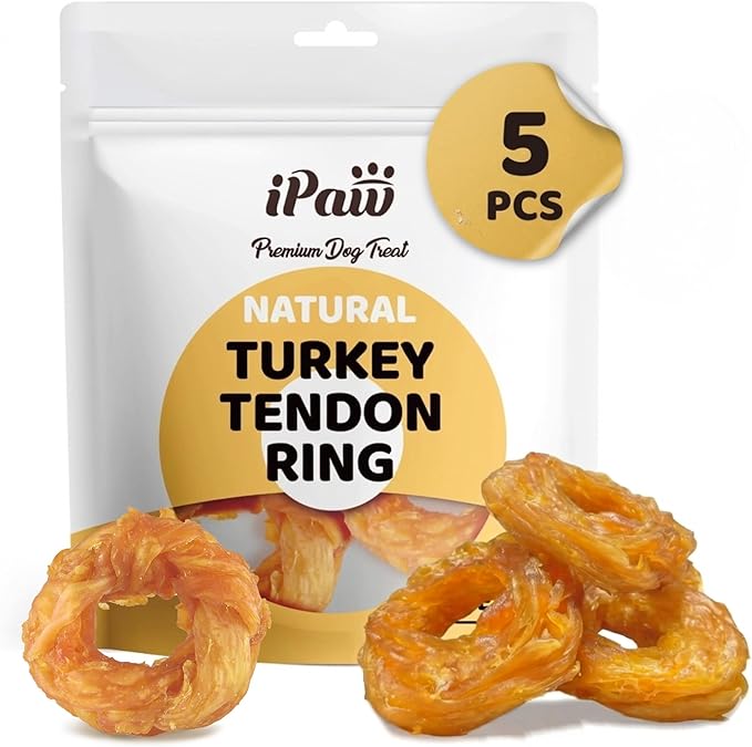 iPaw 5 Pcs Value Pack Turkey Tendon for Dogs, Ingredient Sourced from USA, Hypoallergenic, All Natural Human Grade Puppy Chew, Dog Treats for Signature Series, Rawhide Alternative, Ring (Medium)