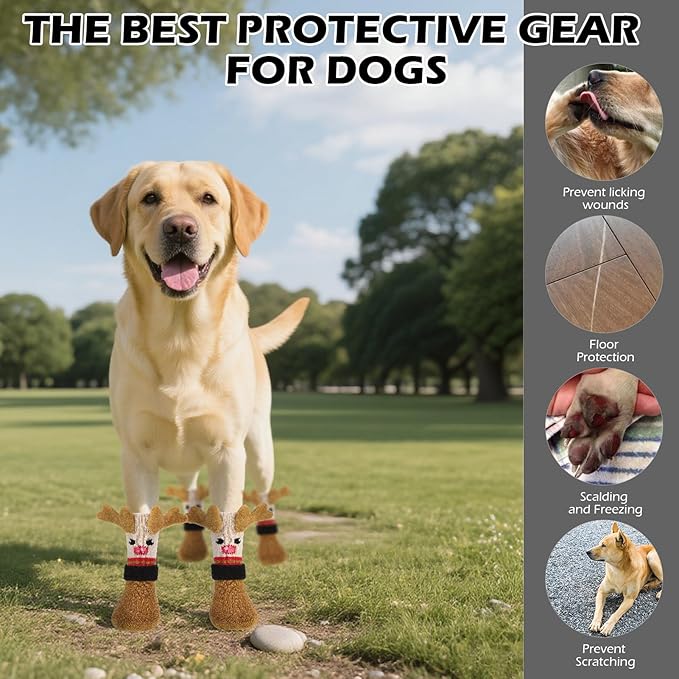 EXPAWLORER Christmas Anti Slip Dog Socks to Prevent Licking Paws, Boots & Paw Protectors with Grippers,Doggie Booties for Hardwood Floors for Small Medium Large Senior Dogs Lifelike Costume Reindeer M