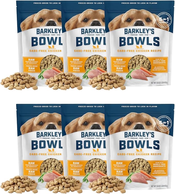 Barkley’s Bowls, Freeze-Dried Raw Chicken Dog Food, Fresh Whole Food Ingredients with Cage-Free Chicken, Grain Free, High Protein for Balanced Nutrition, Dog Treats or Topper, 16 Oz Bag (6 Pack)