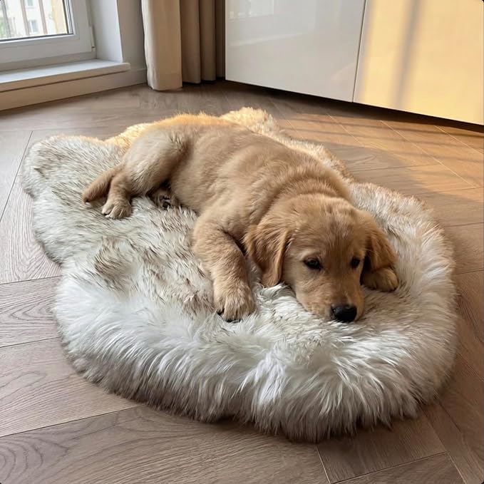 IHAPPYDOG Luxury Faux Fur Orthopedic Dog Bed, Memory Foam Dog Bed for Small, Medium, Large and XL Pets, Fluffy Pet Bed with Waterproof and Washable Cover (White w/Brown Tips, 30"x20")