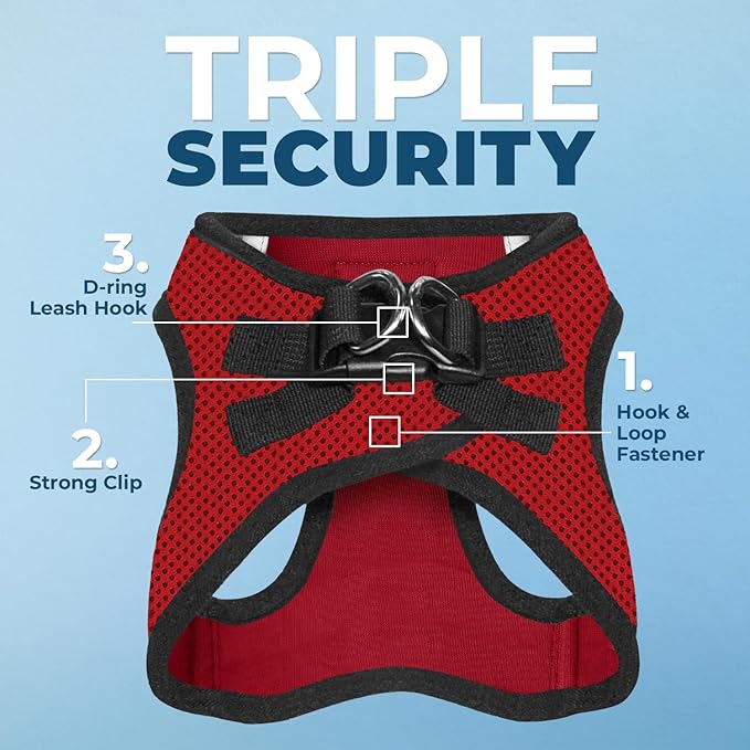 Best Pet Supplies - All Weather Mesh / Plush, Reflective, No Pull Harness for Small, Medium Dogs, Cats - Secure with Hook & Loop Fastener, Buckle, Double D-Rings - Red/Black Trim, L