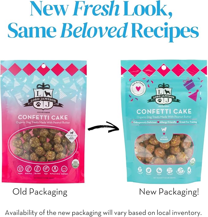 Lord Jameson Confetti Cake Soft & Chewy Certified Organic Dog Treats for Small Breeds - Peanut Butter & Coconut - Small Bite, No-Bake Recipe, Gluten-Free, Preservative-Free - Made In USA - 3 oz