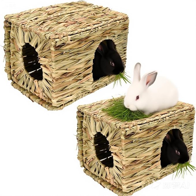 Grass House for Rabbits,Sangle Sopffy,Hand Woven Bunny Grass House,Natural Grass Hideaway for Bunny Guinea Pig Chinchilla Ferret Hamster Squirrel with Rabbit Chew Toys (2 Pack, 14.5*11.4*10.2inch)