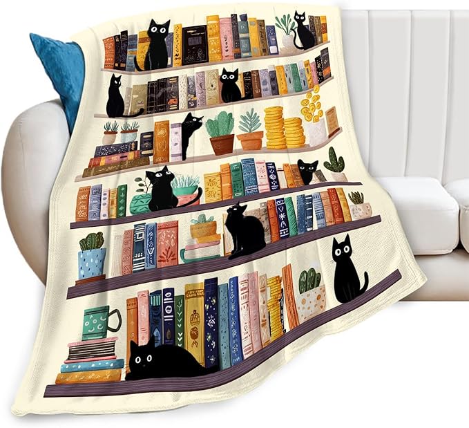 Black Cat Throw Blanket Book Cat Bookshelf Stuff Gifts for Kids Girls Boys Adults Women Men Soft Cozy Warm Plush Fluffy Fuzzy Fleece Blanket Decor 60''X80''