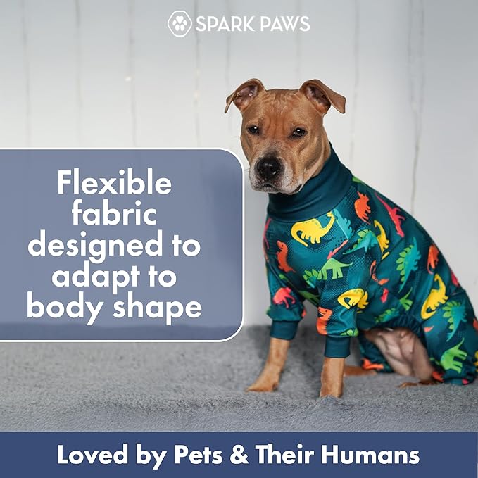 Spark Paws Dog Pajama, Dog Recovery Suit Male, Onesie, Ultra-Soft and 4-Way Stretch, for Small Medium and Large Breeds - Dinosaurs - XL