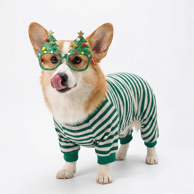 Fitwarm Green and White Striped Dog Pajamas, Waffle Dog Clothes for Small Dogs Girl Boy, Puppy Onesie with Feet, Pet Cat Outfit, Large