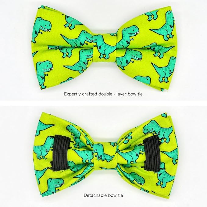 Cat Collar Bow Set, Green Dinosaur, Wedding/Birthday Breakaway Collar Bowtie for Kitten/Cat