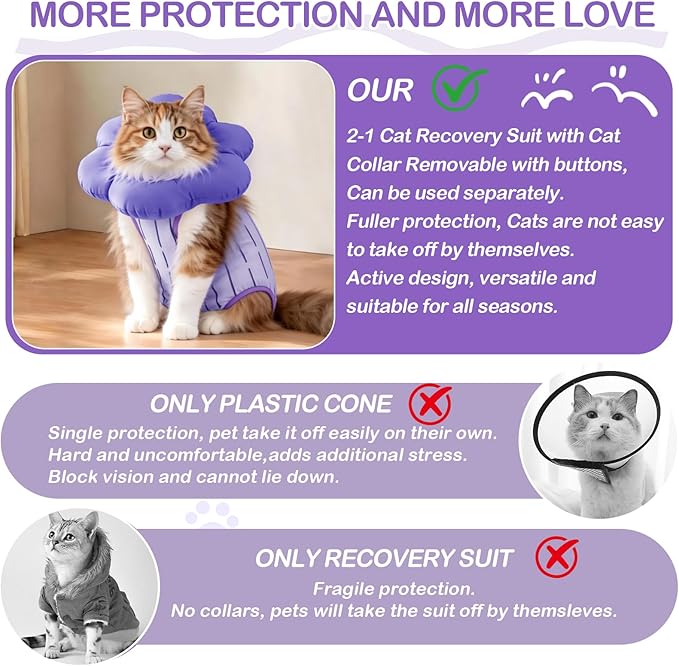 EMUST Cat Recovery Suit with Soft Cone Collar for Female Cats, E-Collar Alternative Post-Spay Wear, Breathable Anti-Licking Cat Onesie for Surgery Recovery & Skin Disease Support(Grapes,S)