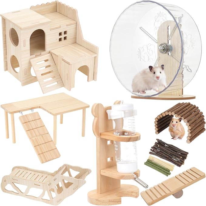 Hamster Toys Complete Set - Noiseless Silent Exercise Wheel, Maze Wood House, Stand, Chew Toys & Water Bottle Cage Accessories for Hamster, Rat, Mice Small Animal Habitat