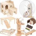 Hamster Toys Complete Set - Noiseless Silent Exercise Wheel, Maze Wood House, Stand, Chew Toys & Water Bottle Cage Accessories for Hamster, Rat, Mice Small Animal Habitat