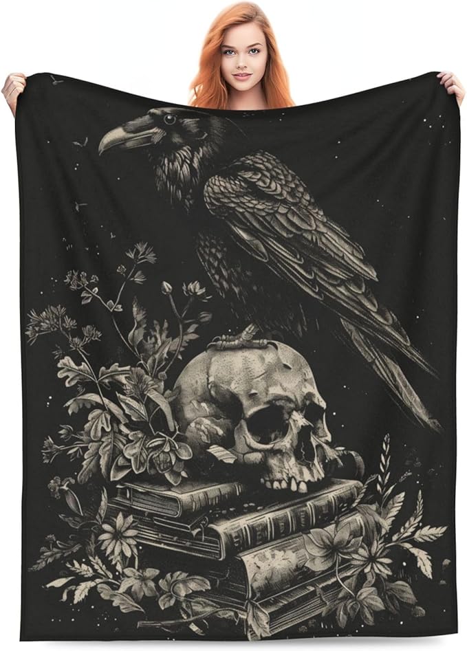 Raven and Skull Blanket Gifts for Women Men Adults Gothic Lovers, Goth Book Plush Fleece Throw Blankets, Cozy Soft Warm Bedding Decor for Sofa Living Room Travel 40"x50"