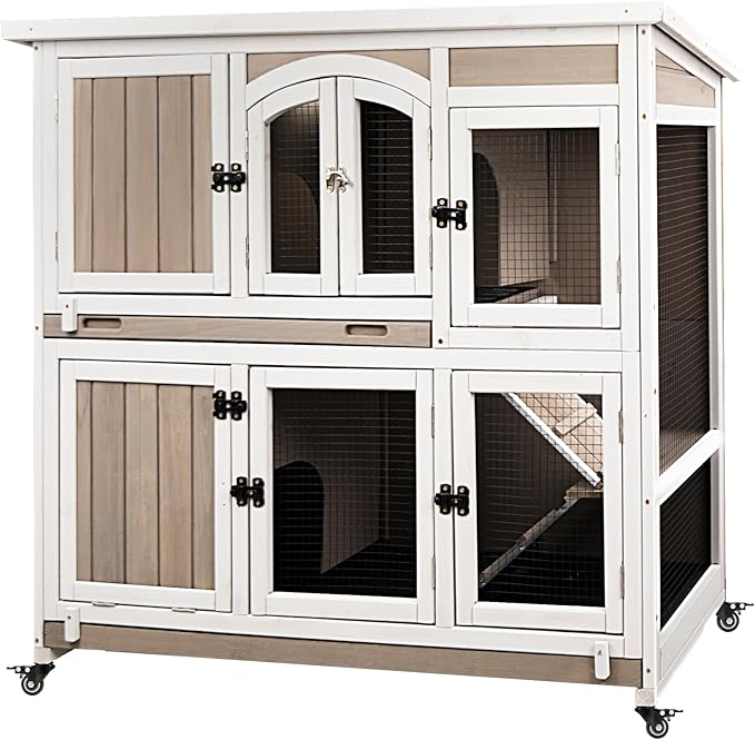 Gowoodhut 47"L Rabbit Hutch Indoor Wooden 2 Story Rabbit Large Bunny Hutch Outdoor Bunny Cage on 4 Metal Wheels and 2 Deeper Pull Out Trays, Ramp,Guinea Pig Pet House for Small to Medium Animals,Grey