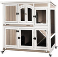 Gowoodhut 47"L Rabbit Hutch Indoor Wooden 2 Story Rabbit Large Bunny Hutch Outdoor Bunny Cage on 4 Metal Wheels and 2 Deeper Pull Out Trays, Ramp,Guinea Pig Pet House for Small to Medium Animals,Grey