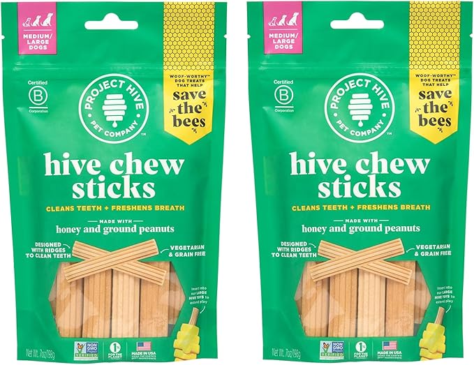 Dental Chew Sticks for Dogs 2-Pack, 7 oz Each – Large (M/L) – Textured Dental Treats, Fit Hive Toys – Vegetarian, Made with Ground Peanuts & Honey, No Grain or Soy, Cleans Teeth & Freshens Breath