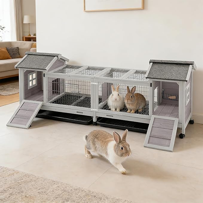 Rabbit Hutch Indoor Outdoor, Large Bunny Cage with Double House and Run, 10.4 ft² Guinea Pig House, Upgrade Deeper No-Leak Trays, On Wheels for Easy Moving