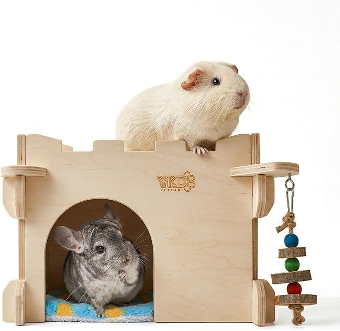 YKD Castle Chinchilla House, Small Animal Hideout for Chinchilla, Guinea Pig, Hedgehog, or Rat, Ventilated Wooden Guinea Pig Hut Habitat with Multiple Doors (Medium)