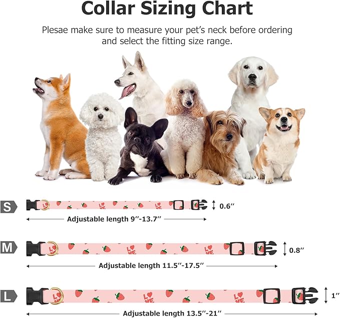 Cotton Handmade Dog Collar Cute and Distinctive Patterns Pink Strawberries with Pendant for Girl Boy Dogs Collars S