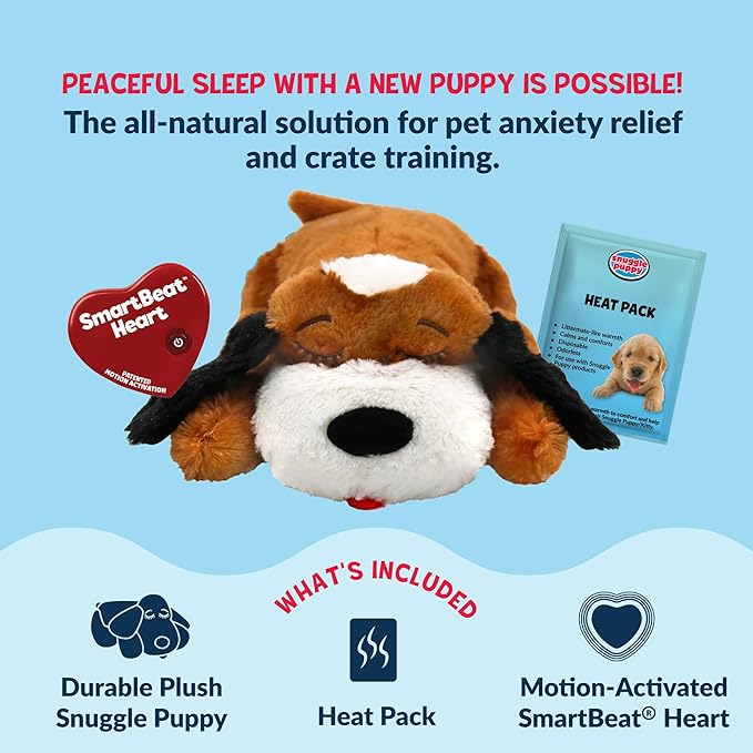 Snuggle Puppy Heartbeat Dog Toy for Puppies, Real-Feel Heartbeat, Calming Sleep Aid and Crate Training Comfort Toy with Heat Pack, Brown & White Beagle