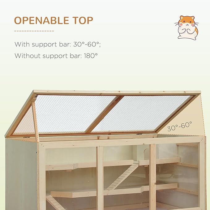45" Extra Large Wooden Hamster Cage, Hamster Enclosure with Opening Roof & Multi-Levels, Extra Large Natural Habitat, Includes Ramps and Hut for Rabbit, Guinea Pig, Hedgehog Small Pets