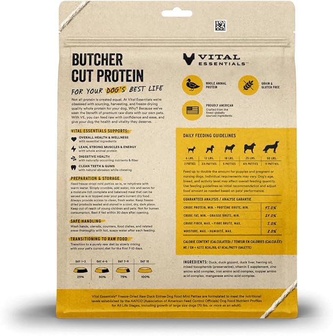 Vital Essentials Freeze Dried Dog Food, Raw Duck Mini Patties | Complete Meal or Topper | High Protein, Grain Free Dry Dog Food | 14 oz Bag