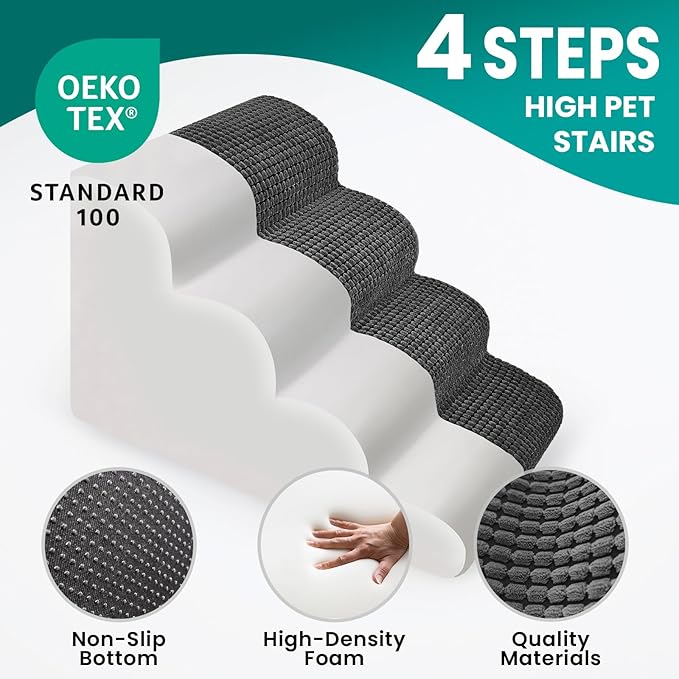 Dog Stairs for Small Dogs, 20.5 in H 4 Step Curved Pet Ramp for High Bed and Couch, Foam Dog Ramp with Durable Non-Slip Waterproof Fabric Cover, Pet Stairs for Pets Joints, Grey