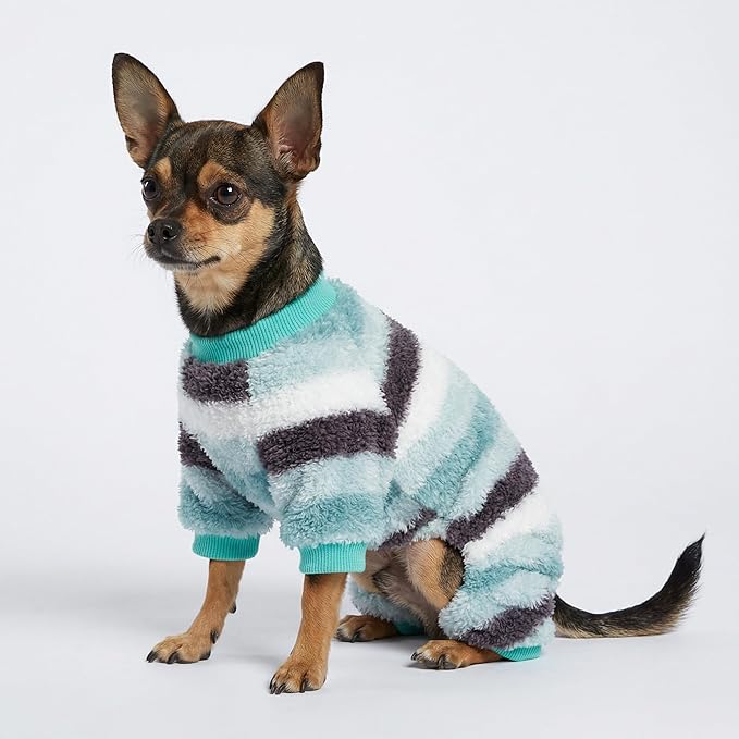 Fitwarm Fuzzy Striped Dog Fleece Pajamas, Warm Winter Clothes for Small Dogs Boy Girl, Cozy Pet Onesie with Feet, Light Sea Green, Black, White, XS