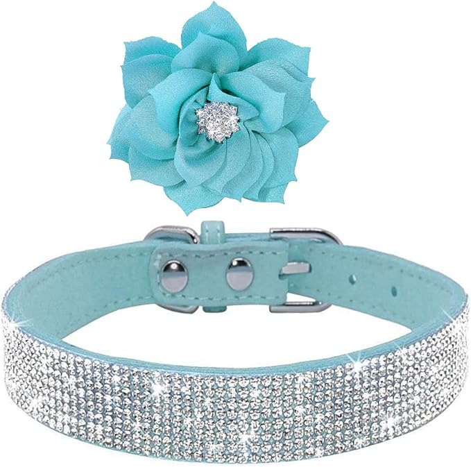 Cute Dazzling Sparkling Elegant Fancy Soft Suede Leather Bling Rhinestone Crystal Jeweled Pet Cat Dog Puppy Collar Dog Leash Combo Set (XS(Neck8-10), Blue-6)