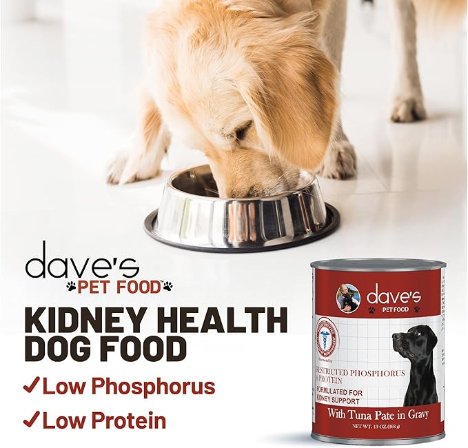 Dave's Pet Food Kidney Care Dog Food (Tuna Pate), NEW Recipe! Wet Renal Dog Food, Low Phosphorus, Renal Kidney Support, Vet Formulated, 13 oz, (12 Pack)