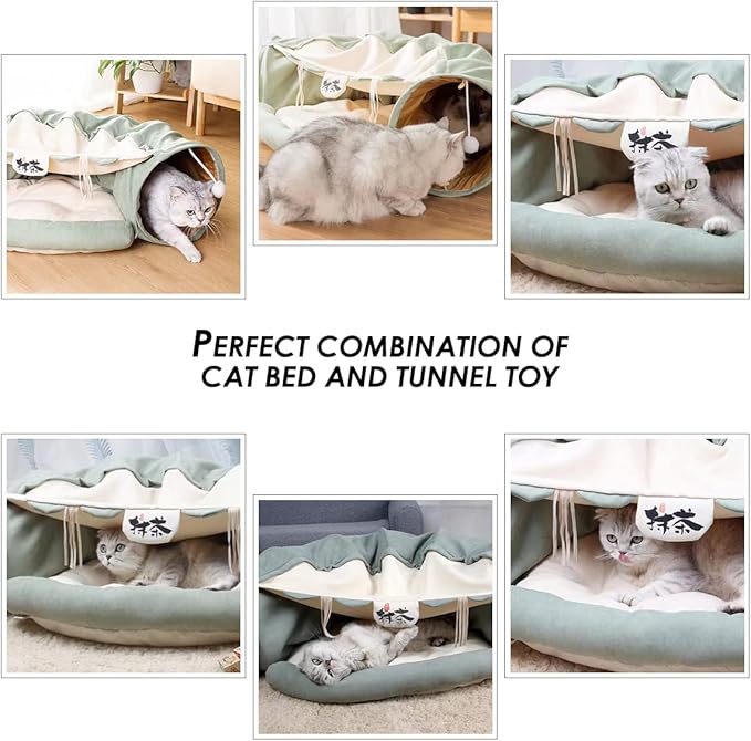 EAEDMY Cat Rabbit Tunnel Bed Nest for Cats Indoor, with Collapsible Washable Soft Cushion, Plush Ball and Exercise Wheel Tube, Fit for Puppy Bunny Kitty Kitten Ferret