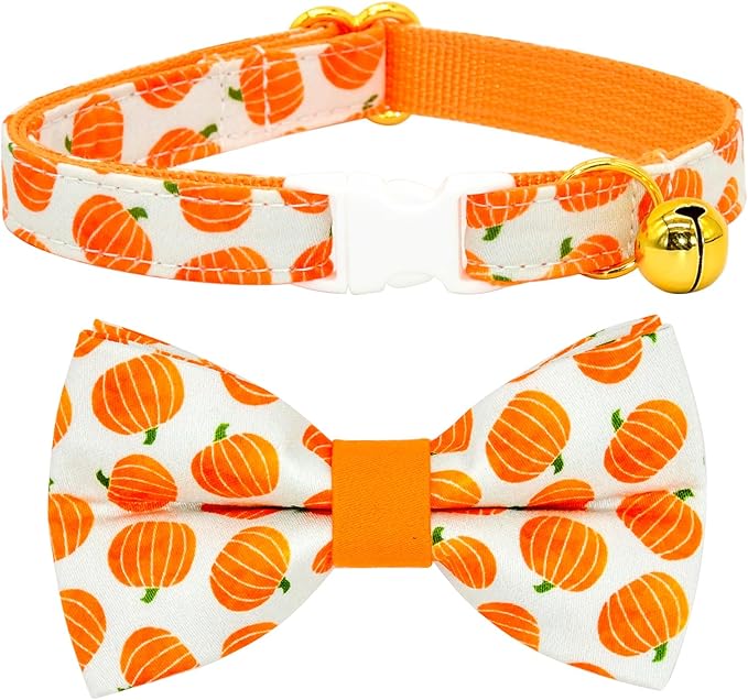 Pumpkin Cat Collar Bow Set, Halloween Accessory, Wedding/Birthday Breakaway Collar Bowtie for Kitten