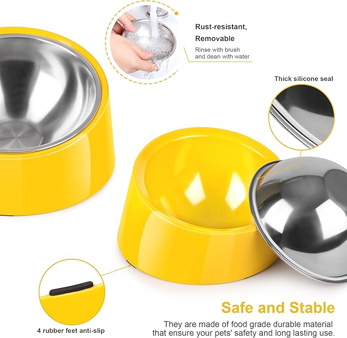 Tilted Dog Bowl Non-Slip & Non-Spill Pet Feeder with Elevated Detachable Melamine Stand, Easy to Get Food Dog Dish, S/100ml Yellow