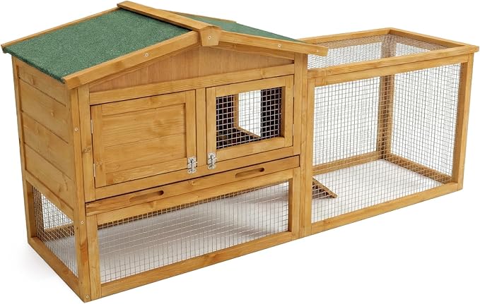 Garvee Wooden Rabbit Hutch Indoor and Outdoor, Rabbit Cage with Removable Wire Netting and Leak Proof Tray, Weatherproof Bunny Cage with Anti-Chew Metal Frame Ramp for Small Animals Natural