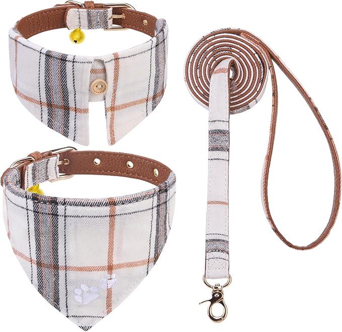 EXPAWLORER Dog Collar and Leash Set - Embroidery Pawprints Plaid Dog Leash and Collars, Cute Bandana and Detachable Collar, Suitable for Small Medium Dogs Girl Boy, Cream S-M