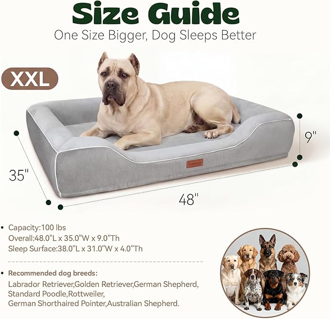 Extra Large Orthopedic Dog Bed with Cooling Gel Memory Foam,Waterproof XXL Dog Couch Bed with Removable Washable Cover,48inch Pet Sofa with High Resilience Foam Sides for Old Pets,Grey,48.0"X35.0"