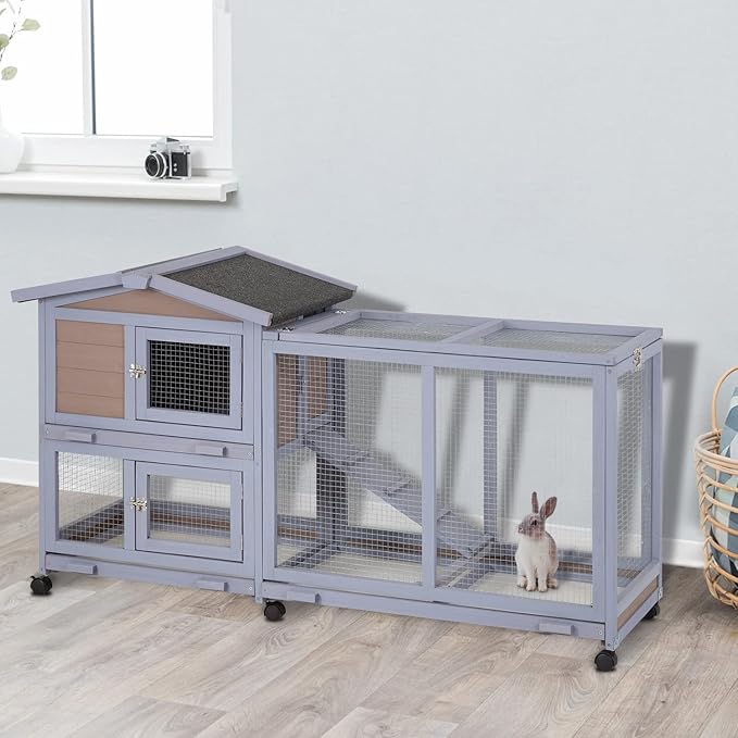 BestPet Rabbit Cage Wooden Rabbit Hutch Two Layers Chicken Coop Outdoor Indoor Guinea Pig Cage Bunny Cage Waterproof Roof Bunny Hutch with Casters and Tray