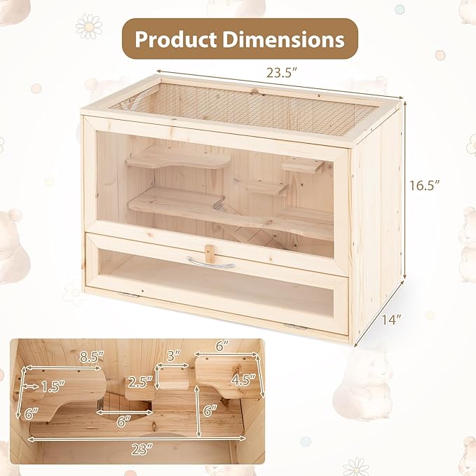 PETSITE Hamster Cage Chewproof, Wooden Hamster Habitat Playpen with Mesh Flip Roof, Multiple Ladder Areas, Ramp Design, Acrylic Panel, and Lockable Door, 23.5 x 14 x 16.5 Inches (L x W x H)
