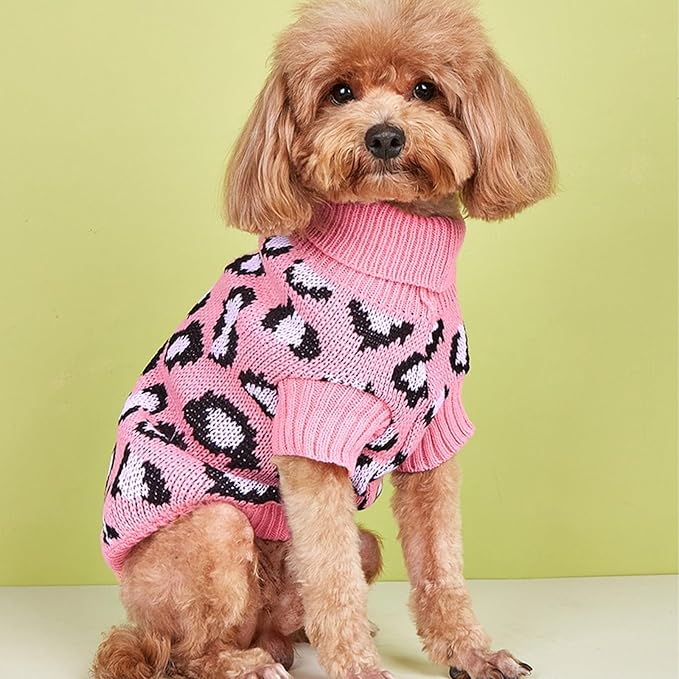 Leopard Knit Sweaters for Small Dogs, Pink Turtleneck Pullover for Pet, Puppies Cats Winter Sweater for Valentines Day Holiday