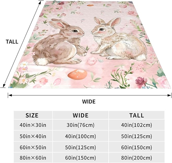 Cute Rabbit Blanket Bunny Flower Decor Pink Throw Blanket Gifts for Girls Boys Rabbit Lover Couch Bedding Super Warm Soft Plush Lightweight Fleece Flannel Blanket for Kids Adults Men Women 80"X60"