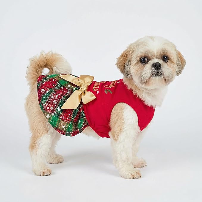 Fitwarm Merry Woofmas 100% Cotton Dog Christmas Outfits Girl Dog Holiday Dress Lightweight Doggie Costume Puppy Clothes Pet Apparel with Bowknot Cat Clothing Red XXS