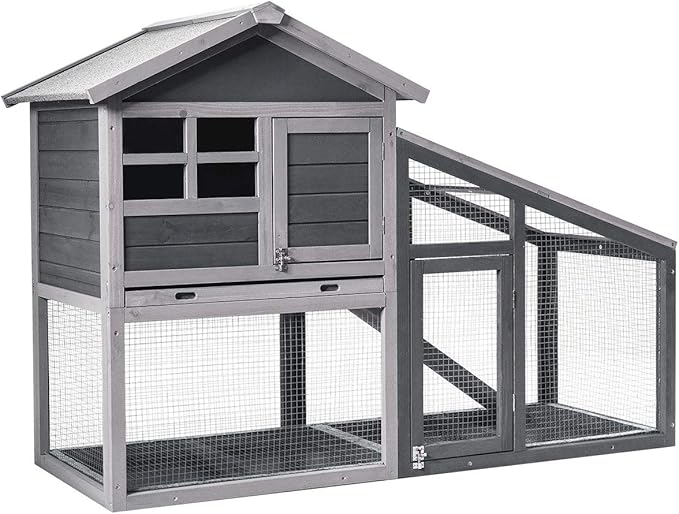 Tangkula Rabbit Hutch Indoor Outdoor, Wooden Chicken Coop, Bunny Hutch with Run, Ventilation Door, Removable Tray, Ramp, Sunlight Panel, Backyard Garden Animals Pet Cage (Gray)