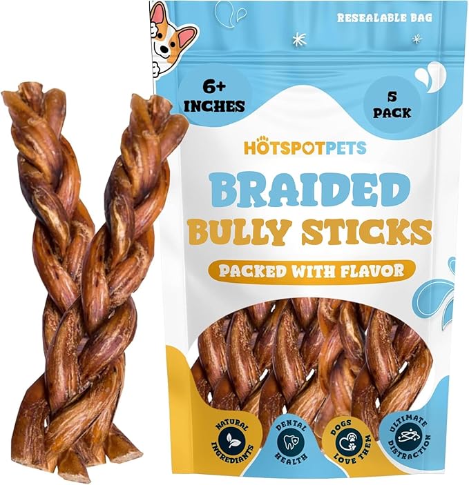Hotspot Pets Braided Bully Sticks for Dogs - 6 Inch Dog Bones (5 Pack) All Natural Long Lasting Twisted Beef Dog Chews - Promote Natural Dental Health, Low Fat, Fully Digestible Rawhide Alternative