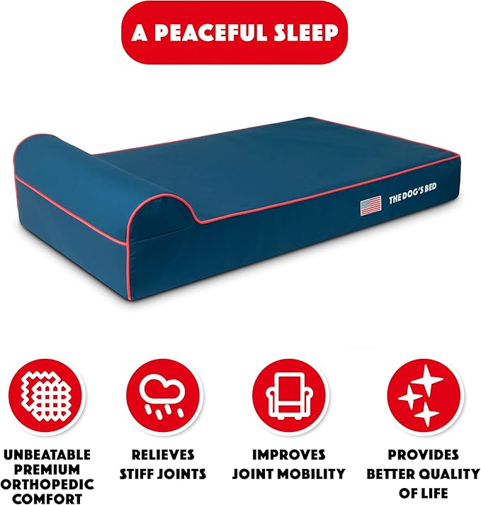 The Dog’s Bed Orthopedic Memory Foam Dog Bed with Headrest, Calming Surface – CertiPUR-Certified Foam, Oxford Fabric, Blue with Red Trim USA Flag, XL, 6-Inch