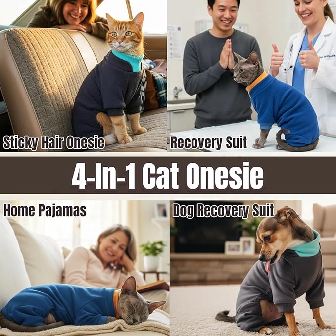 T'CHAQUE Sticky Hair Cat Onesie - Soft Long Sleeve Cat Pajamas, Anti-Shedding,Surgery Recovery Suit, Wound Protection & Preventing Licking, Kitten Sweaters for Male Female, Darkgray-XL