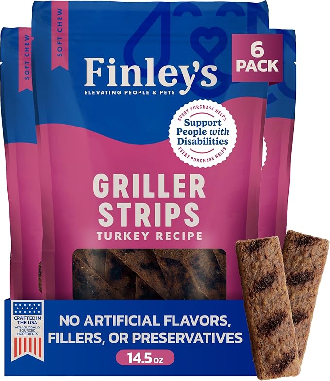 Finley's Turkey Griller Strips for Dogs, Jerky-Style Dog Treats with Real Ingredients for All Breeds and Sizes, 14.5oz, 6 Pack