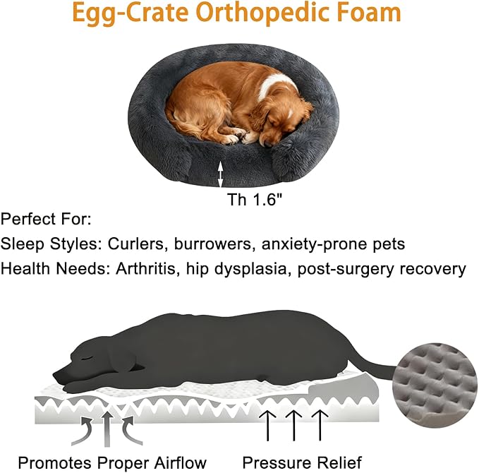 Calming Dog Bed for Small Medium Dogs, Anti-Anxiety Donut Washable Puppy Bed Orthopedic Cushion, Soft Fluffy Faux Fur Plush Warming Cozy Cat Bed Fits up to 25 lbs Pets (Round, Dark Grey 23")