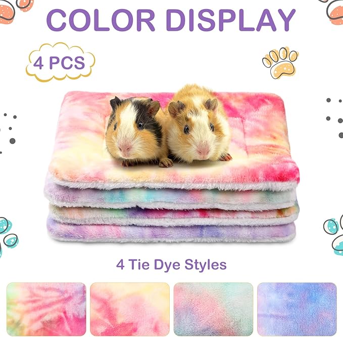 Haull 4 Pcs Waterproof Guinea Pig Bedding Guinea Pig Bed Plush Cage Liners Soft Rabbit Dog Crate Pad Cat Mat Reversible Cozy Animal Pee Pad Hamster Bunny Mat Accessory(Tie Dyed,13 x 10 Inch)
